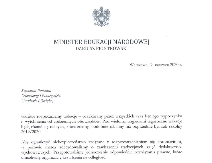 List Ministra Edukacji Narodowej z okazji zakończenia roku szkolnego 2019/2020