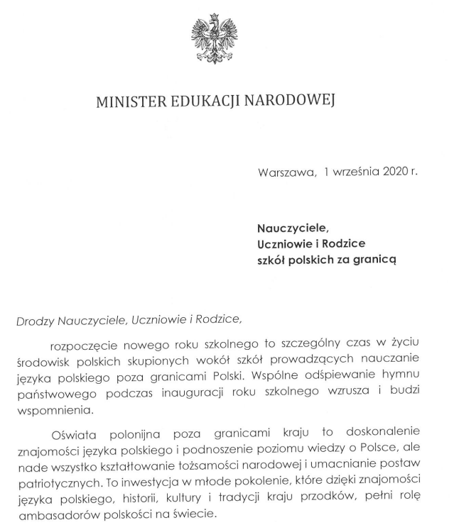 List Ministra Edukacji Narodowej z okazji rozpoczęcia roku szkolnego 2020/2021