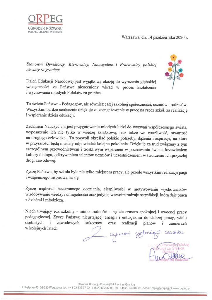 Życzenia Dyrektor ORPEG z okazji Dnia Edukacji Narodowej