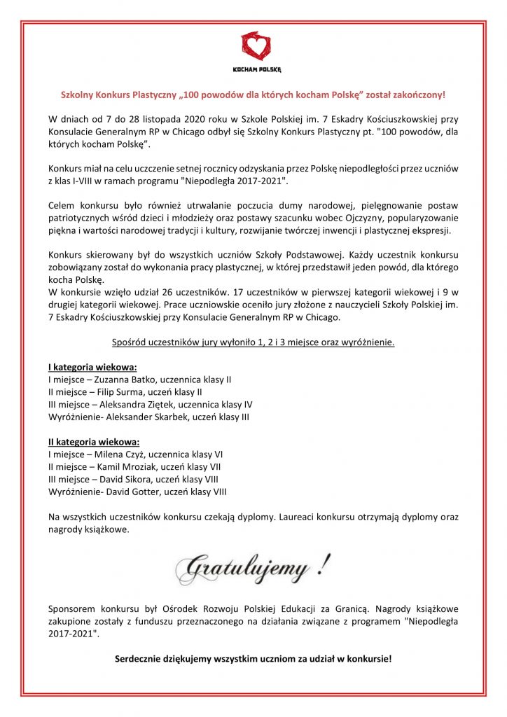 Zakończenie konkursu „100 powodów, dla których kocham Polskę”