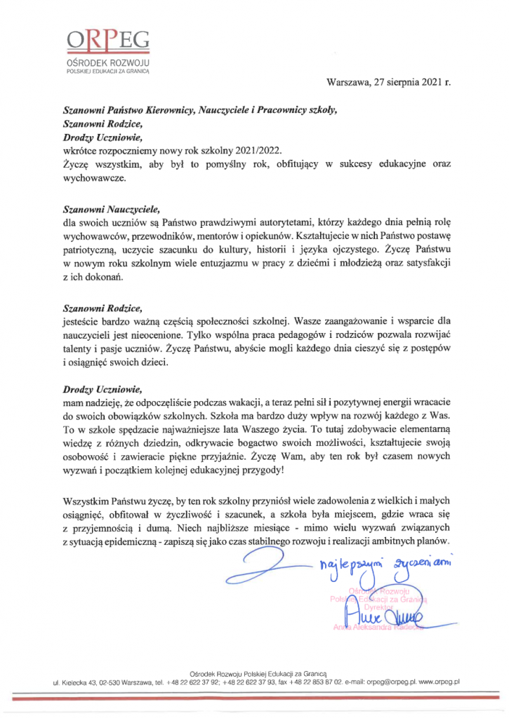 List z okazji rozpoczęcia roku szkolnego