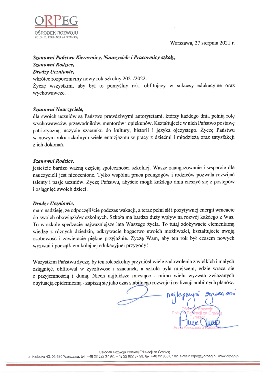 List z okazji rozpoczęcia roku szkolnego