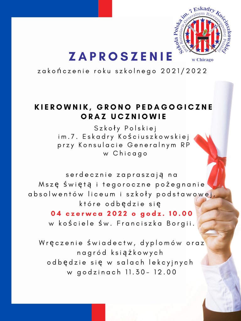 Zaproszenie na zakończenie roku szkolnego 2021/2022