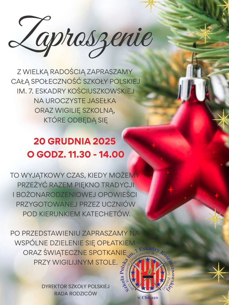 Zaproszenie na Wigilię szkolną i Jasełka